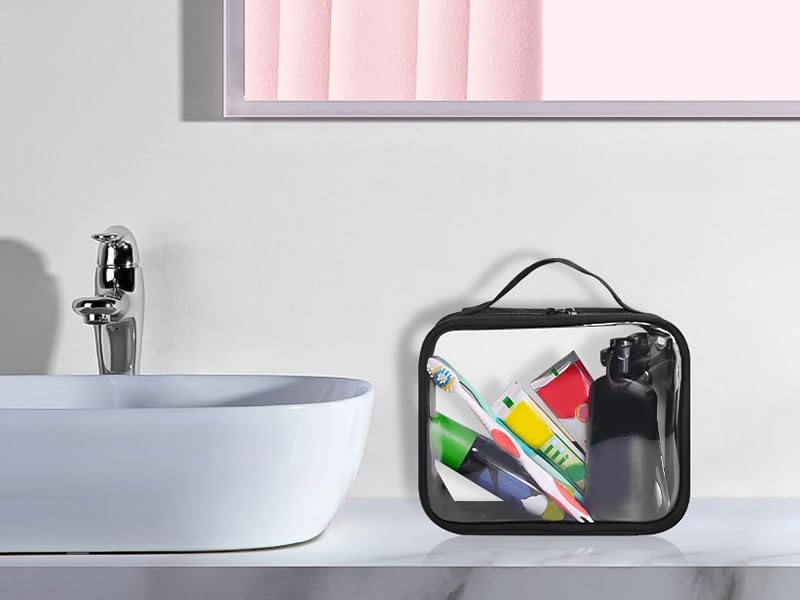 ANRUI TSA Approved Toiletry Bag With Handle Strap, Clear Travel Liquids Toiletries & Cosmetics Organizer Carry-On Luggage for Women and Men Black 3 Pack (Same Size)