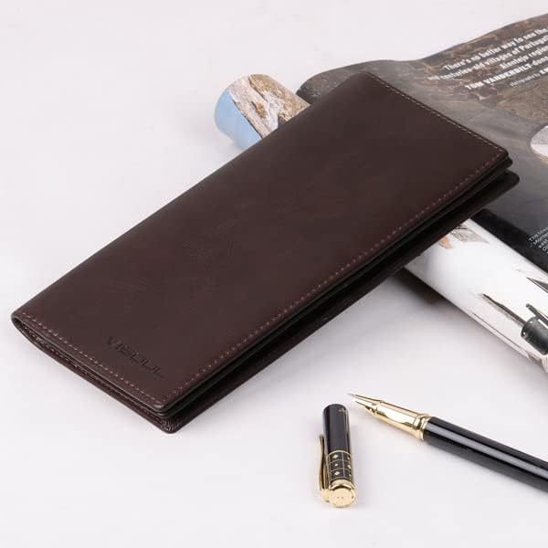 VISOUL Mens Leather Long Checkbook Bifold Wallets with RFID Blocking, Breast Pocket Tall Billfold Secretary Wallet for Men with Card Slots (Coffee)