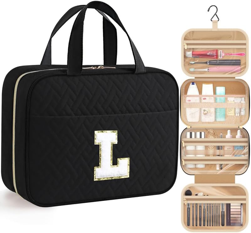 HOTOR Travel Toiletry Bag - Personalized Chenille Initial Makeup Bag, Water-Resistant Personalized Gifts for Women, Portable Travel Accessories & Essentials, Letter L, Black, 11.4"×9.0"×3.35"