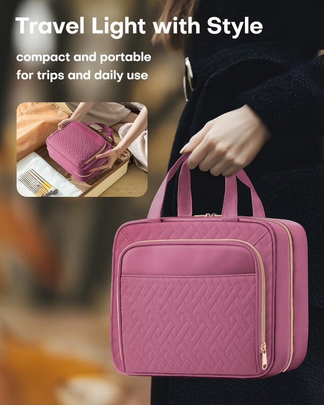 HOTOR Travel Toiletry Bag for Women & Men, Waterproof Makeup Bag with Hanging Hook and Multiple Pockets, Cosmetic Bags for Women, Travel Essentials, 11.2'' x 3.2'' x 8.9'', Rosewood-Pink