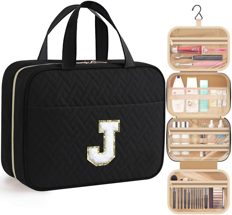 HOTOR Travel Toiletry Bag - Personalized Chenille Initial Makeup Bag, Water-Resistant Personalized Gifts for Women, Portable Travel Accessories & Essentials, Letter J, Black, 11.4"×9.0"×3.35"