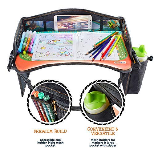 Coolmum Kids Travel Tray, Toddler Car Seat Tray, Double Sided Activity Organizer, Snack Lap Tray, Baby Stroller Table, Airplane Play Table, Waterproof and Foldable (Premium Black)