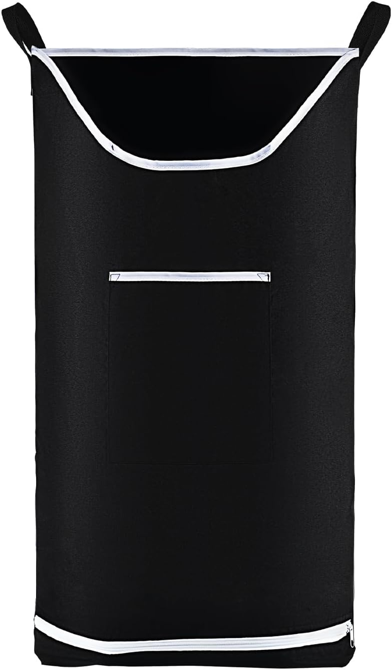 Hanging Laundry Hamper Bag Behind Door Hampers for Laundry Hanging Save Space Zipper Laundry Hamper Door Hanging with 2 PCs Stainless Steel Hooks Suction Hooks for Wall/Bathroom (Black)