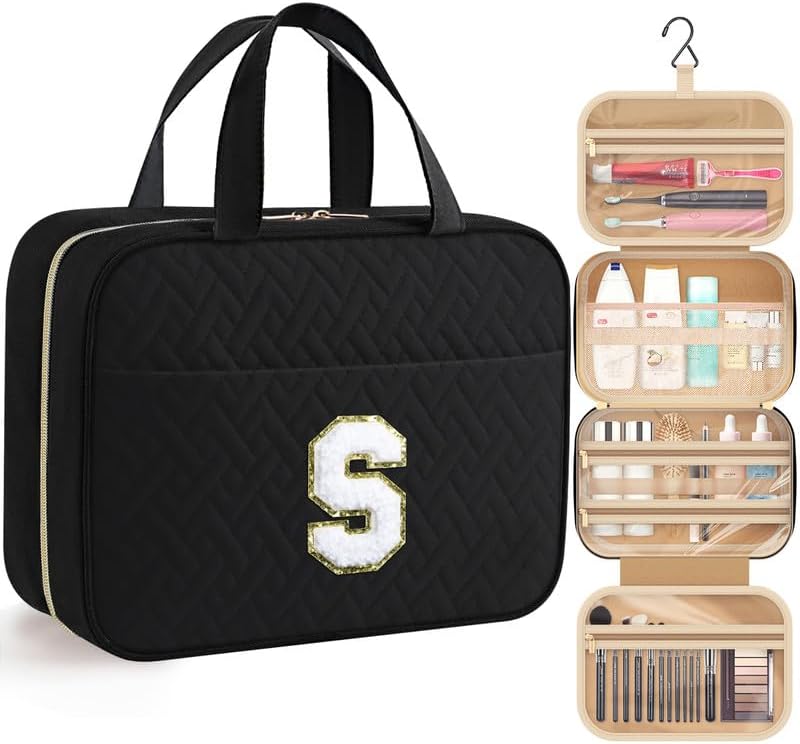 HOTOR Travel Toiletry Bag - Personalized Chenille Initial Makeup Bag, Water-Resistant Personalized Gifts for Women, Portable Travel Accessories & Essentials, Letter S, Black, 11.4"×9.0"×3.35"