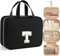 HOTOR Travel Toiletry Bag - Personalized Chenille Initial Makeup Bag, Water-Resistant Personalized Gifts for Women, Portable Travel Accessories & Essentials, Letter T, Black, 11.4"×9.0"×3.35"