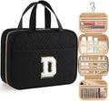 HOTOR Travel Toiletry Bag - Personalized Chenille Initial Makeup Bag, Water-Resistant Personalized Gifts for Women, Portable Travel Accessories & Essentials, Letter D, Black, 11.4"×9.0"×3.35"