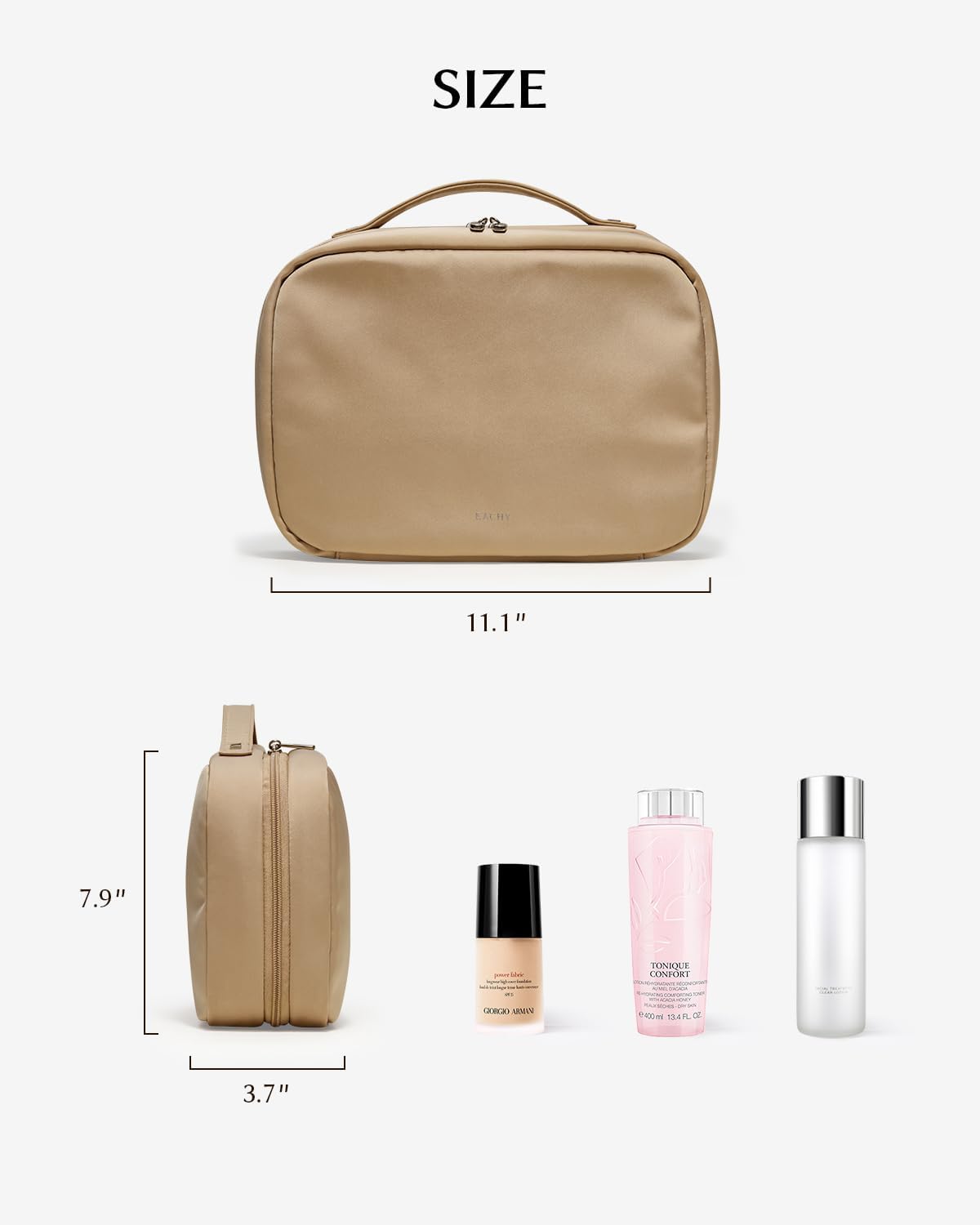 EACHY Hanging Toiletry Bag, Satin 4 Compartments Travel Toiletry Bags for Women, Large Capacity Make Up Organizer Bag with Handle & Compartments (Camel, L)