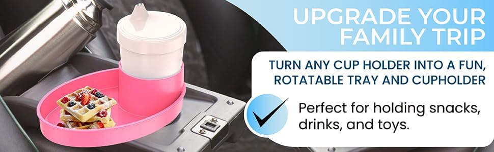 Complete Kids Travel Tray Kit - Easily Expands Cup Holder into 360° Cup & Travel Tray for Kids Car Seat, Booster, and Stroller - Toddler Road Trip Essentials Set Includes Coaster & Brush (Pink)