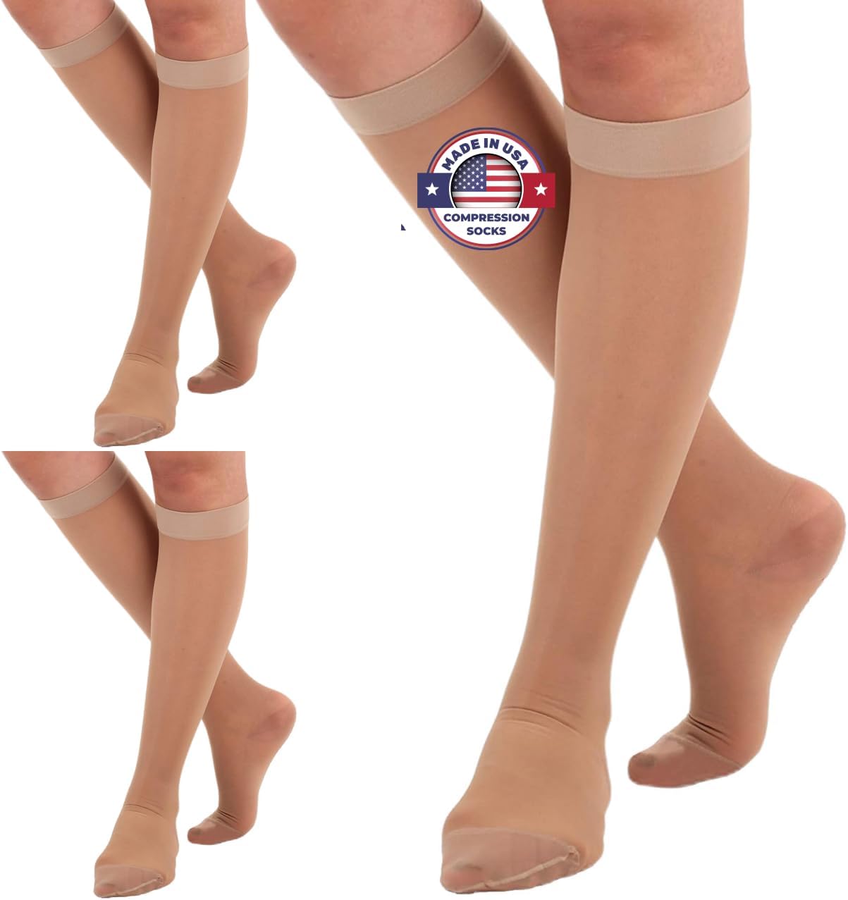 (3 Pairs - Closed Toe) Made in USA - Sheer Compression Socks for Women 15-20mmHg - Compression Stockings for Varicose Veins Circulation, Thrombosis, Embolism - Natural, Small - A101NA1-3