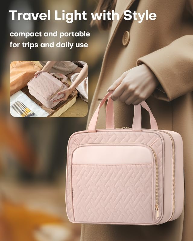 HOTOR Travel Toiletry Bag for Women & Men, Waterproof Makeup Bag with Hanging Hook and Multiple Pockets, Cosmetic Bags for Women, Travel Essentials, 11.2'' x 3.2'' x 8.9'', Pale Pink