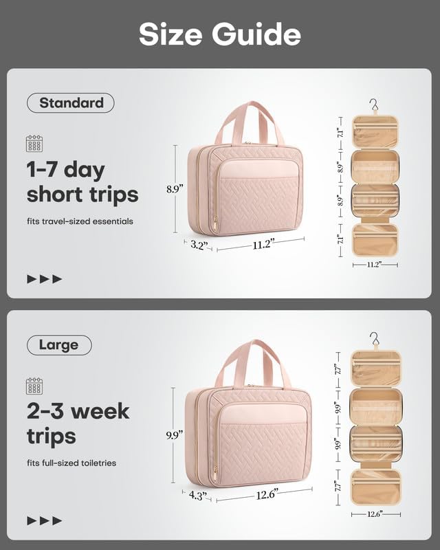 HOTOR Travel Toiletry Bag for Women & Men, Waterproof Makeup Bag with Hanging Hook and Multiple Pockets, Cosmetic Bags for Women, Travel Essentials, 11.2'' x 3.2'' x 8.9'', Pale Pink