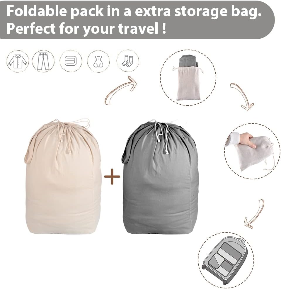 MCleanPin Washable Laundry Bags with Handles,140L Dirty Clothes Storage for College Dorm or Travel, Laundry Liner Fit Most Laundry Hamper or Basket,2 Pack (Beige & Grey)
