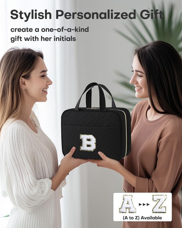 HOTOR Travel Toiletry Bag - Personalized Chenille Initial Makeup Bag, Water-Resistant Personalized Gifts for Women, Portable Travel Accessories & Essentials, Letter B, Black, 11.4"×9.0"×3.35"