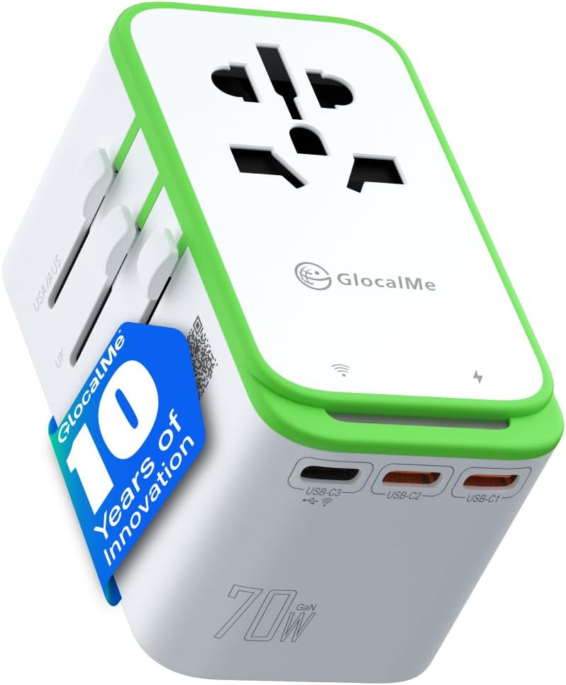 GlocalMe RoamPlug Universal Travel Adapter with 4G WiFi Mobile Hotspot and US 1GB Data, All-in-One International Power Plug Adapter, 4 USB Ports and Max 70W Output for EU UK AUS