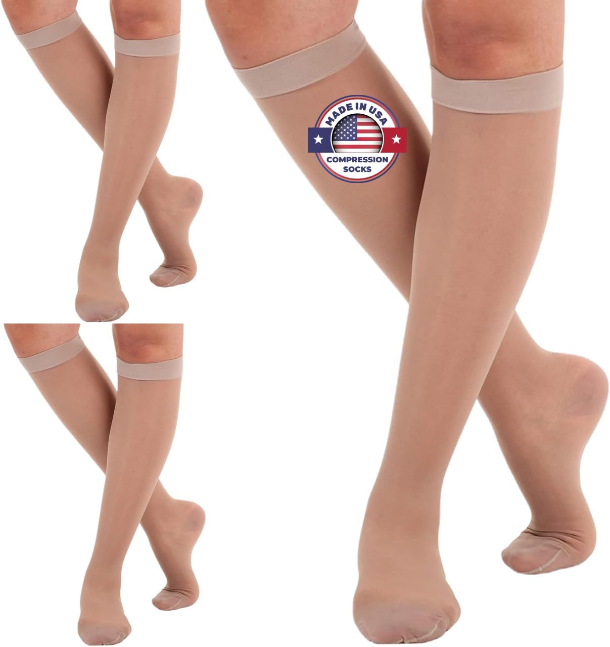 (3 Pairs - Closed Toe) Made in USA - Wide Calf Compression Stockings for Women 15-20mmHg - Womens Compression Knee High Support Socks for Circulation, Embolism, Edema - Nude, 3X-Large - A101NU6-3