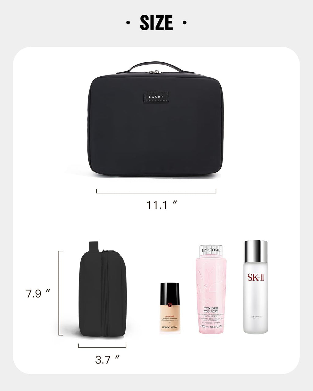 EACHY Travel Toiletry Bag with Hanging Hook, Portable Makeup Cosmetic Bags for Women, Water-Resistant Full-Size Travel Accessories (Black)