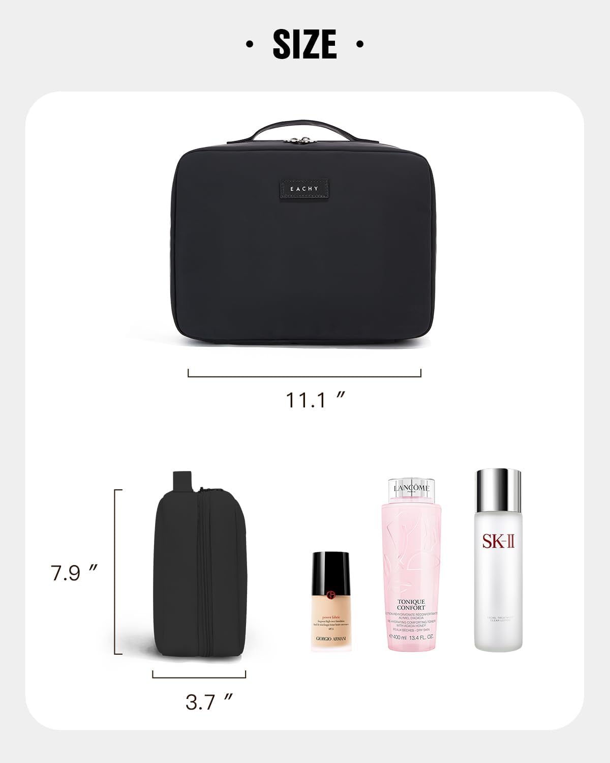 EACHY Travel Toiletry Bag with Hanging Hook, Portable Makeup Cosmetic Bags for Women, Water-Resistant Full-Size Travel Accessories (Black)