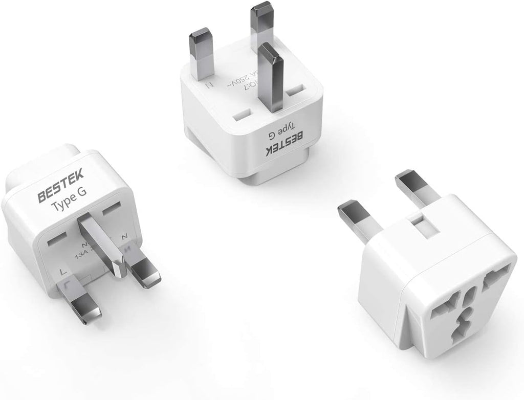 BESTEK UK Travel Plug Adapter Set, Grounded Universal Power Plug Adapter for USA to Type G Countries, UK, Ireland, Hong Kong and More-3 Packs