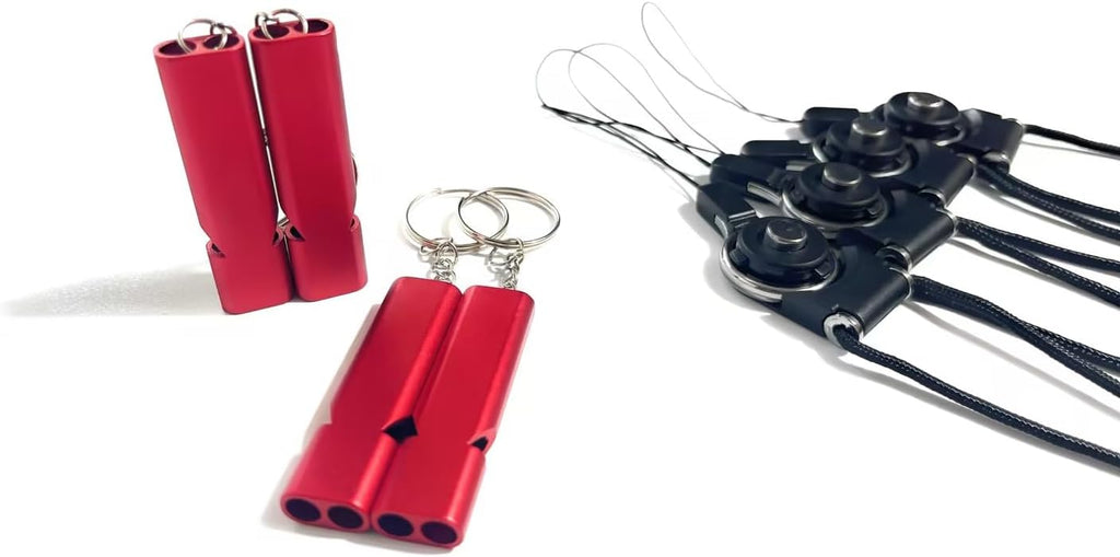 4-Pack Loud 120dB Double Tube Emergency Whistle - Aluminum Alloy, Corrosion-Resistant Safety Whistle with Lanyard & Keychain-Ideal for Camping Hiking Boating Fishing Survival Tool