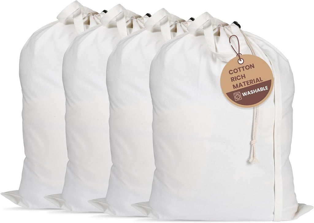 LFH Home Cotton Canvas Large Laundry Bag with Handle, Heavy Duty Drawstring Closure Washable Laundry Bags, School Travel, Home, Hotel, College Dorm, Organizer Sack, Toy Clothes 24x36 (Pack of 4)-White