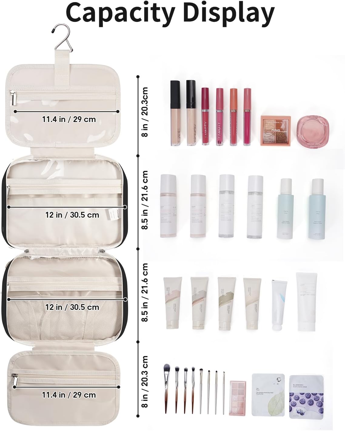 Travel Toiletry Bag for Women Large Hanging Makeup Bag Organizer Toiletries Bag for Full Size Essentials Accessories Cosmetics (Black (Large))