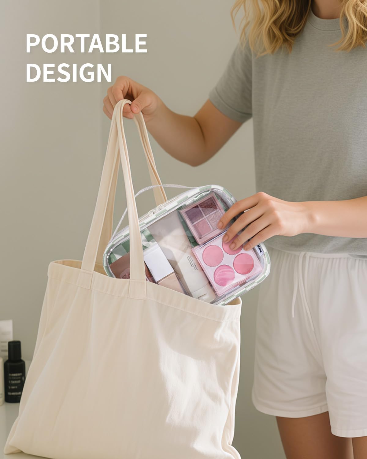 Narwey TSA Approved Clear Toiletry Bag for Travel, Waterproof PVC Clear Makeup Bags, Portable Compact Cosmetic Bag Make Up Organizer, Airport Airline Quart Size Compliant Bag (Mint Green Checkerboard)