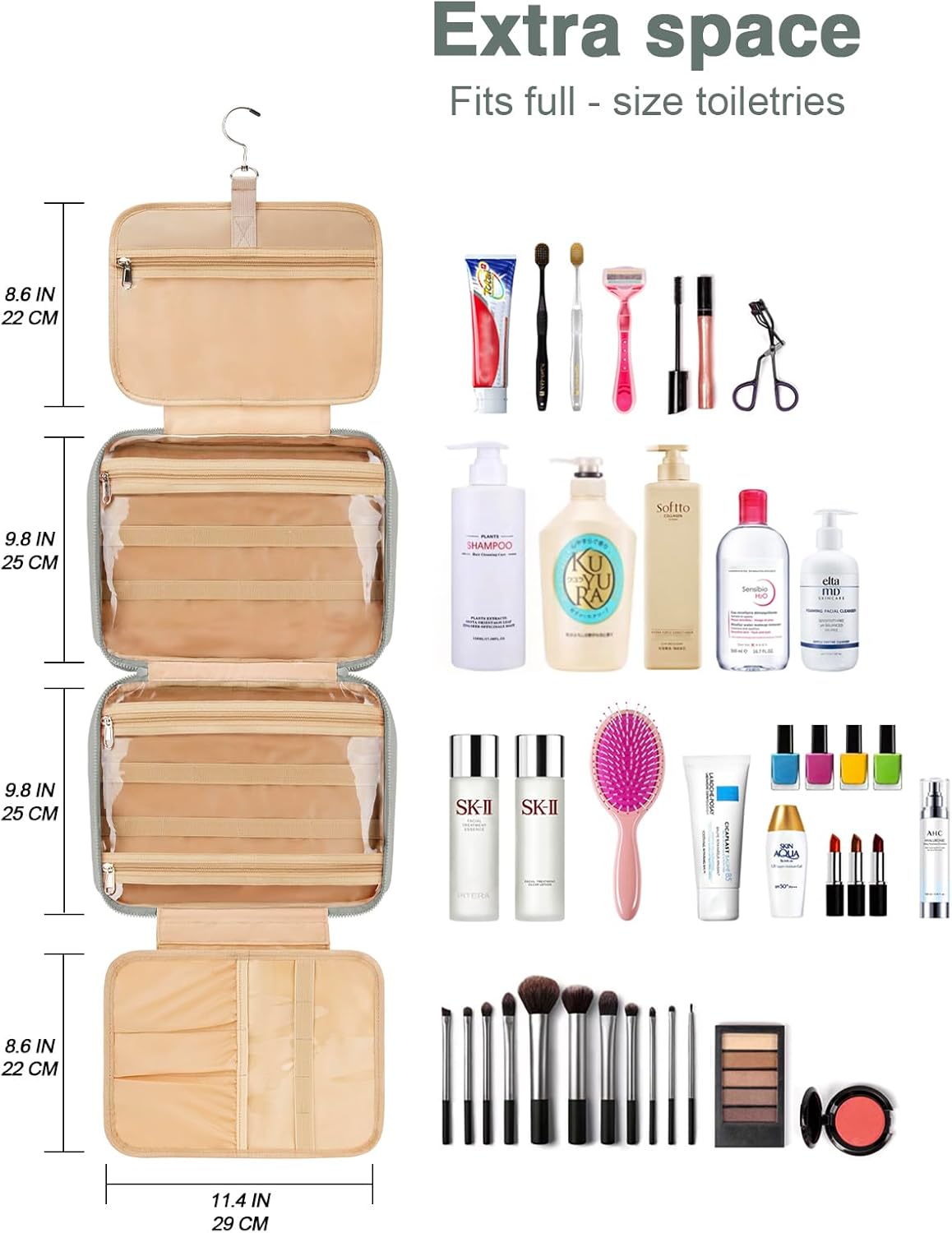 Women's Hanging Toiletry Bag, Waterproof Travel Cosmetic Organizer with Jewelry Storage, Large Capacity Makeup Case for Full-Size Skincare & Bathroom Essentials, Portable Cosmetic kit, Grey