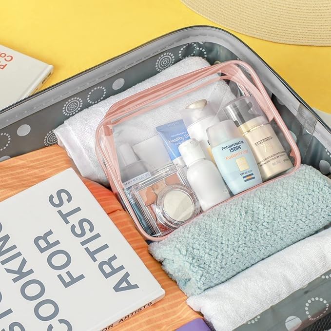 PACKISM Clear Makeup Bag - 4 Pack TSA Approved Toiletry Bag Waterproof Quart Size Travel Bag, Clear Cosmetic Bag for Women, Carry on Airport Airline Compliant Bag, Rose Pink