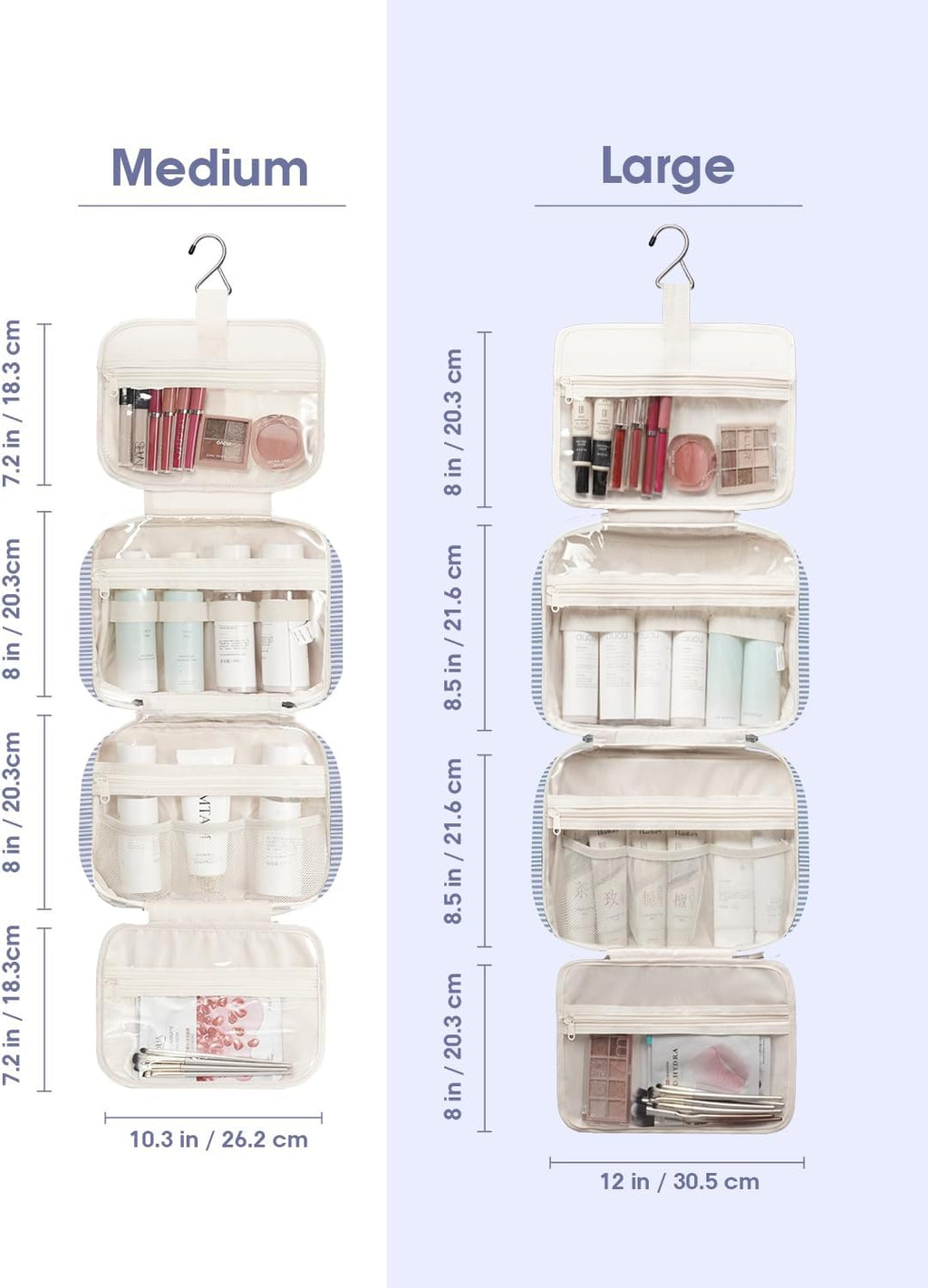 Narwey Striped Travel Toiletry Bag for Women Large Hanging Makeup Bag Organizer Toiletries Bag for Full Size Essentials Accessories Cosmetics (Greyish Blue Stripe (Large))