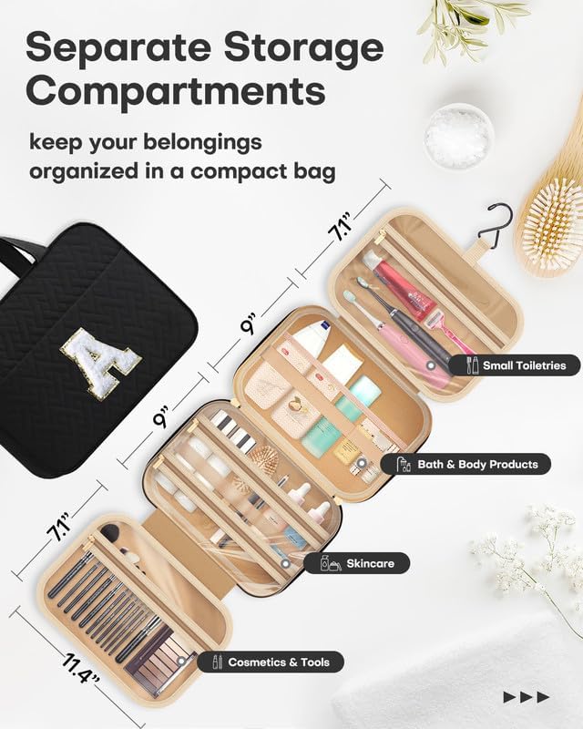 HOTOR Travel Toiletry Bag - Personalized Chenille Initial Makeup Bag, Water-Resistant Personalized Gifts for Women, Portable Travel Accessories & Essentials, Letter A, Black, 11.4"×9.0"×3.35"