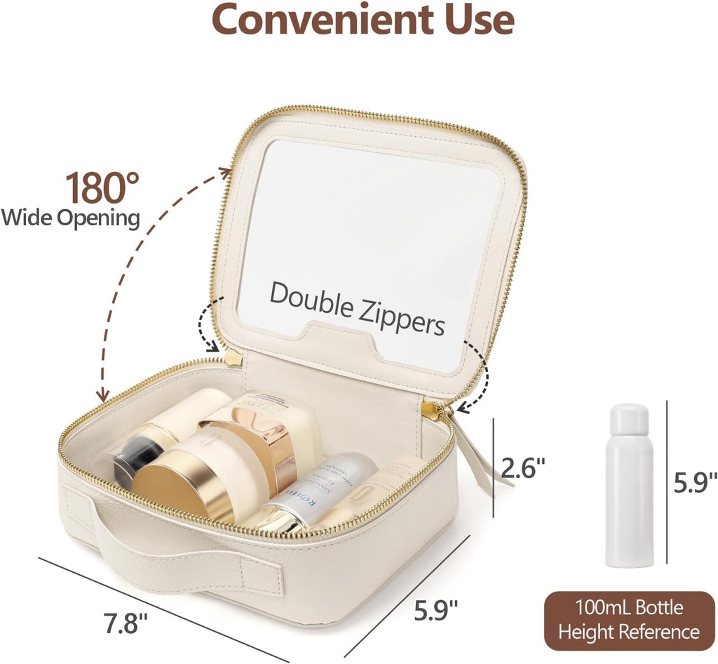 PACKISM Medium Clear Makeup Bag - PU Leather Clear Travel Bags for Toiletries Car Bag for Essentials, with Message Card Cosmetic Bags Makeup Case for Women Gift (Cream Medium)