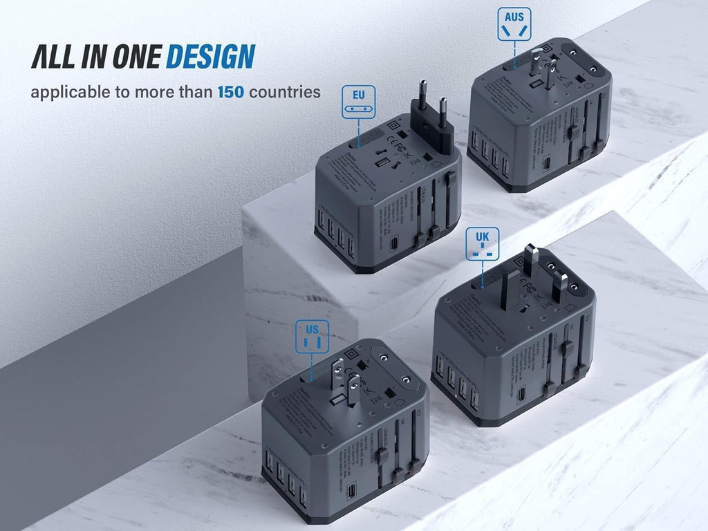 EPICKA Universal Travel Adapter, European Travel Plug Adapter - International Power Adapter Worldwide Charger with USB-C & 4 USB-A Ports, Travel Essentials for Italy, UK, Japan (TA-105, Space Grey)