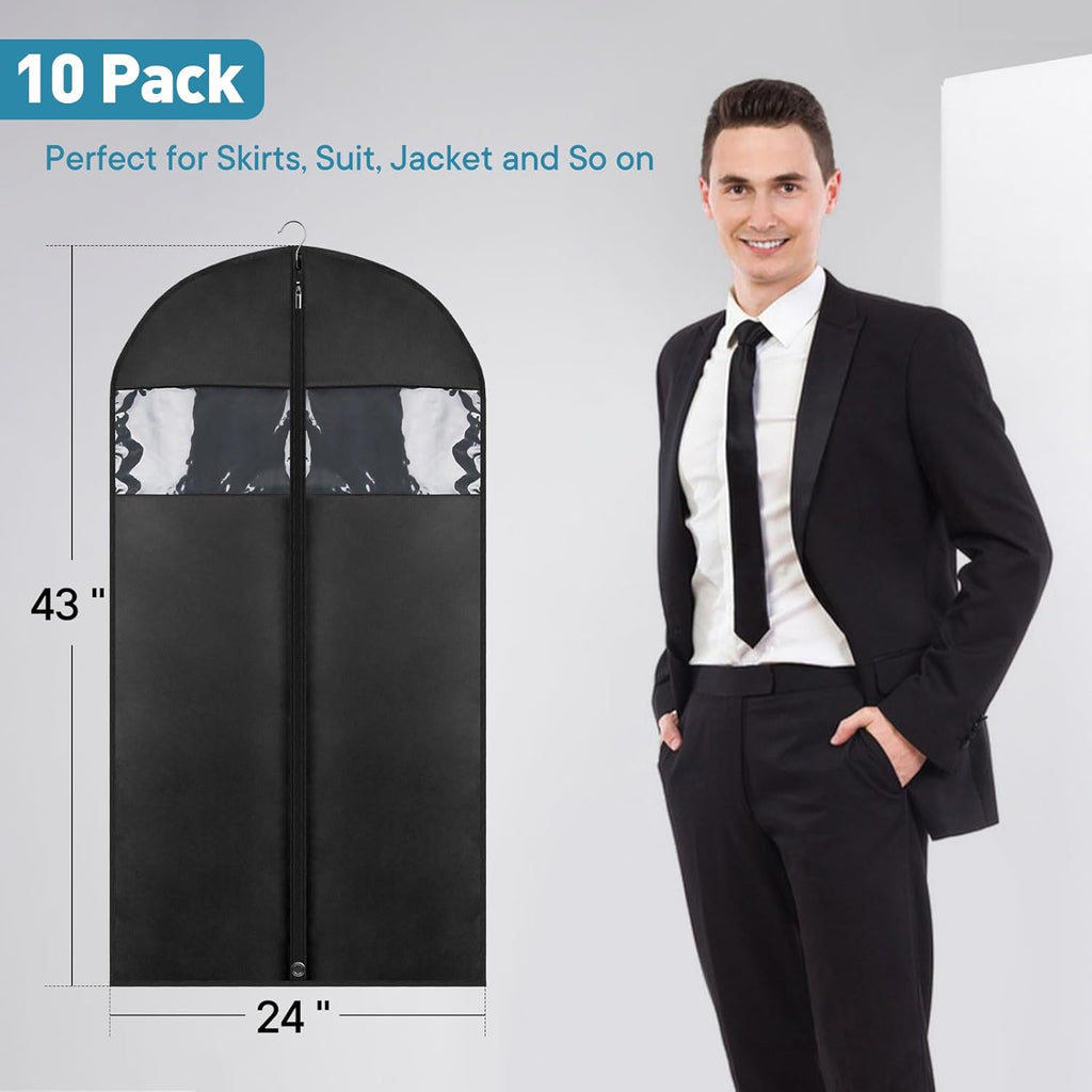 10 Pack - Moucas 43" Black Garment Bag, Mens Suit Bags for Closet Storage and Travel, Garment Bags for Hanging Clothes, Suit Cover Bags with Zipper for Coats, Jackets, Shirts
