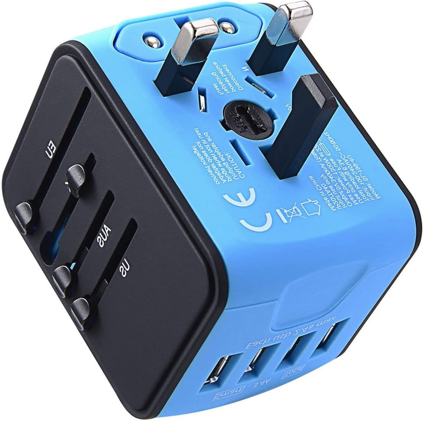 International Travel Adapter Universal Power Adapter Worldwide All in One 4 USB-A Ports Perfect for European US, EU, UK, AU 200+ Countries (Blue)