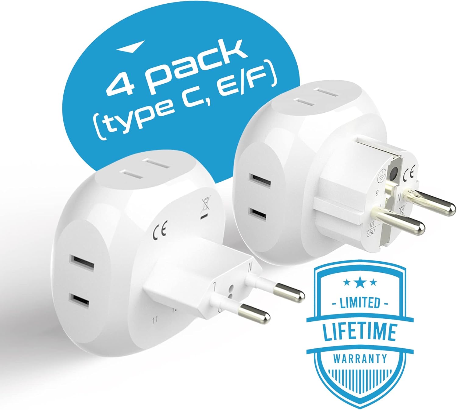 Ceptics Europe Travel Adapter Plug Set Schuko - 4 Input - Ultra Compact - Light Weight Type C, Type E/F - USA to Any Type C E/F Countries Such as Germany, France- 4 Pack (PT-9-9C-4PK),White