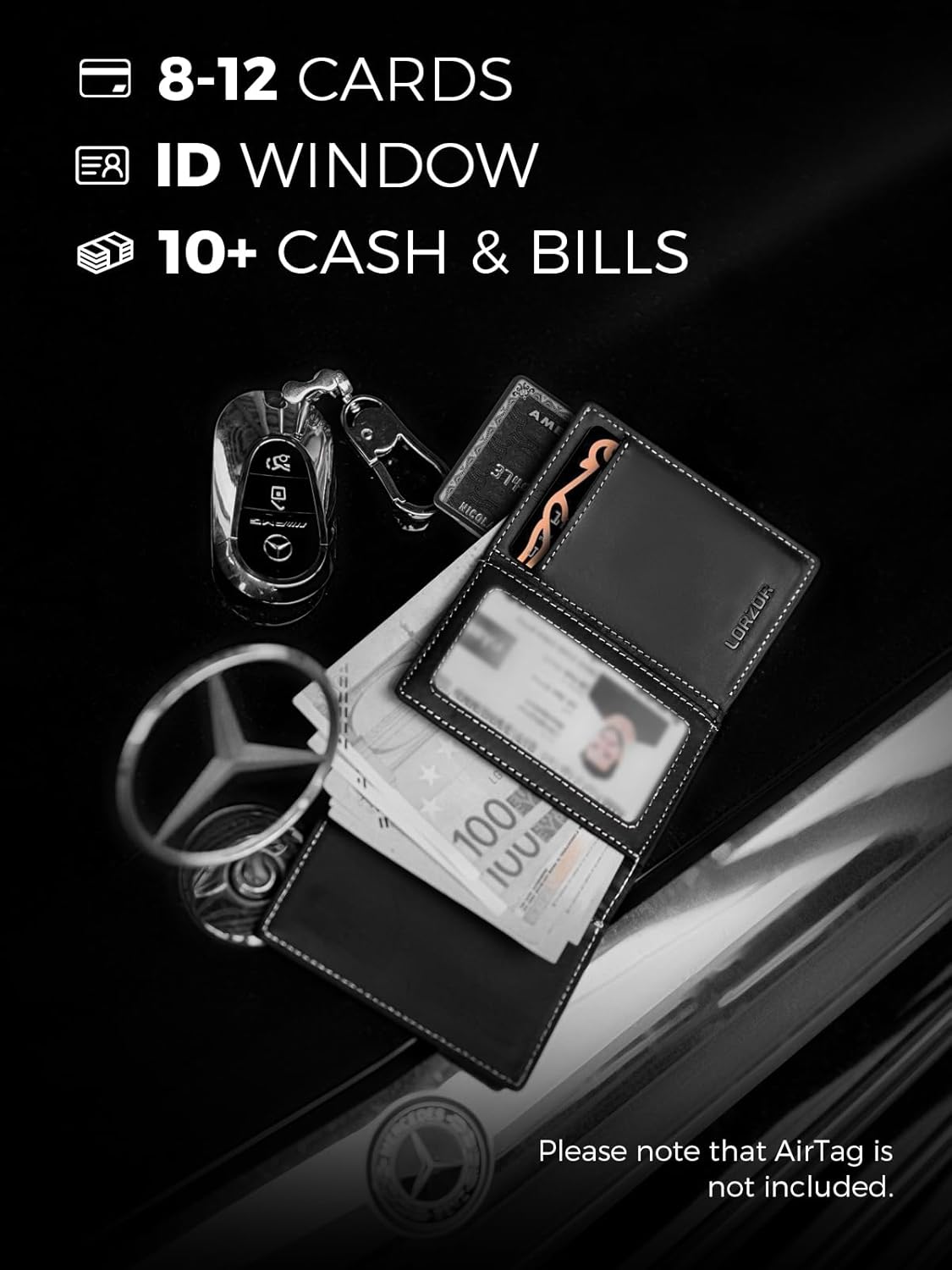 LORZOR Wallet for Men with Metal Card Holder, Pop Up Wallet, Finest Full Grain Leather Trifold Wallet, Smart, Minimalist, RFID Blocking, Front Pocket, ID Window, Black/Silver