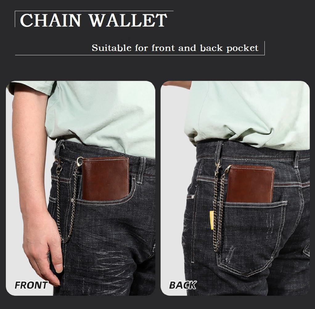 Holder for AirTag Men's Wallet Genuine Leather Purse RFID Blocking Bifold with Anti-Theft Chain,Brown with Gift Box (Brown)