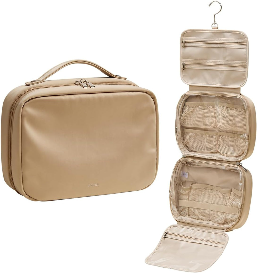 EACHY Hanging Toiletry Bag, Satin 4 Compartments Travel Toiletry Bags for Women, Large Capacity Make Up Organizer Bag with Handle & Compartments (Camel, L)