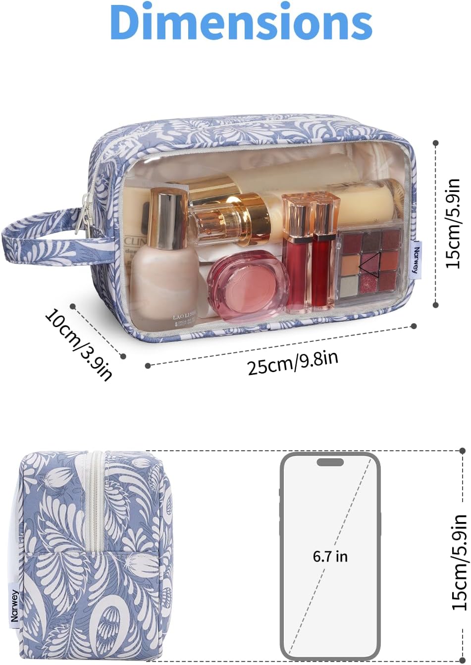 Narwey Clear Toiletry Bags for Traveling Women Men, Clear Travel Bags for Toiletries Makeup Bag Cosmetic Bag with Zipper, Make Up Organizer, Skincare Bag (Blue Leaf)