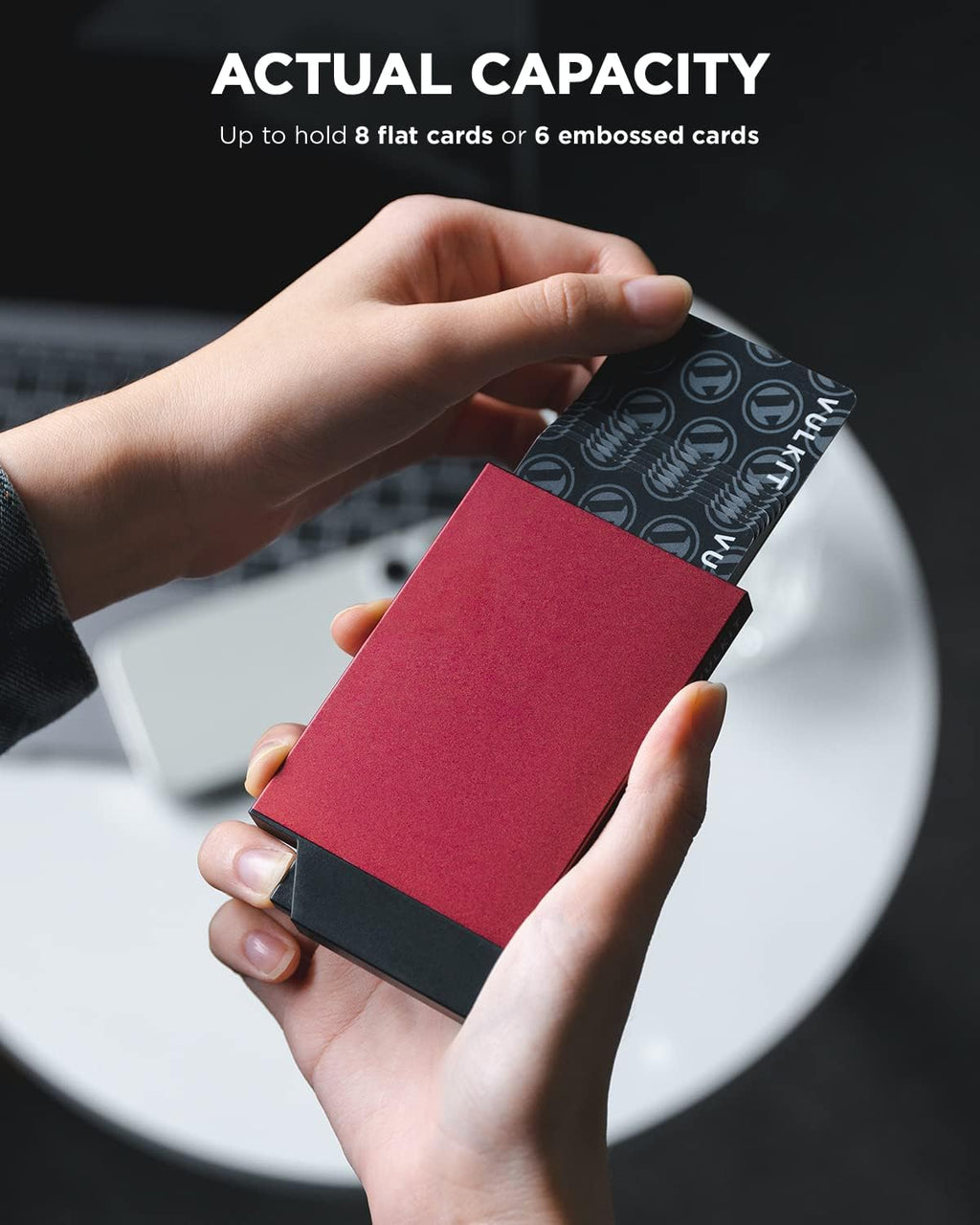VULKIT Pop up Card Holder Minimalist Credit Card Holder RFID Blocking Slim Metal Card Case for Men or Women(Wine)