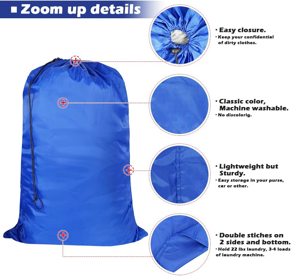 Washable Travel Laundry Bag with Drawstring (3 Pack), Large Dirty Clothes Bag Fit a Laundry Basket or Clothes Hamper, Enough to Hold 4 Loads of Laundry,26x39 inches RoyalBlue 3