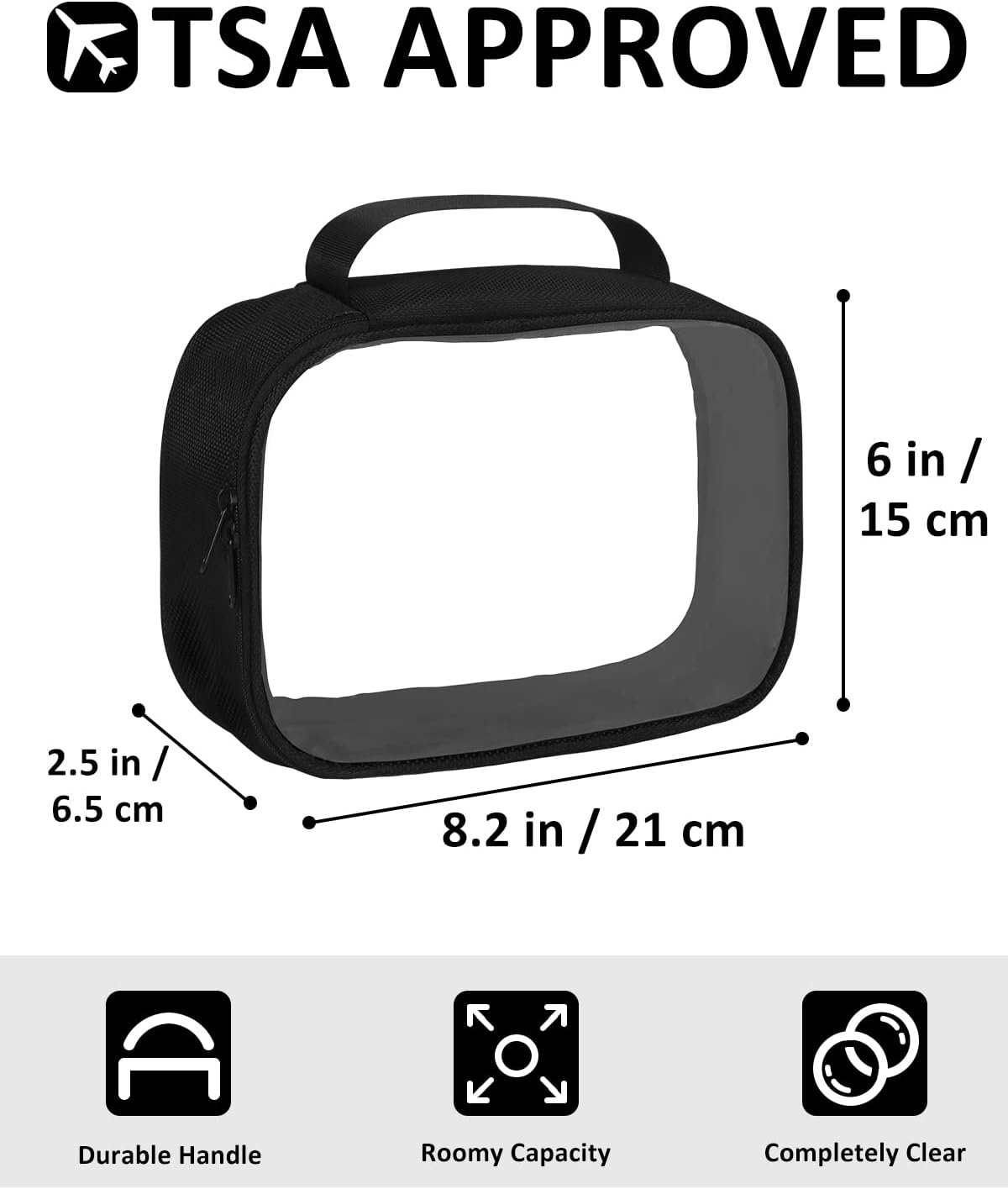 Moyad TSA Approved Clear Toiletry Bag with Handle, 1 Pack Quart Size 3-1-1 Liquids Pouch for Travel, Transparent Makeup & Cosmetic Organizer for Women Men, Black