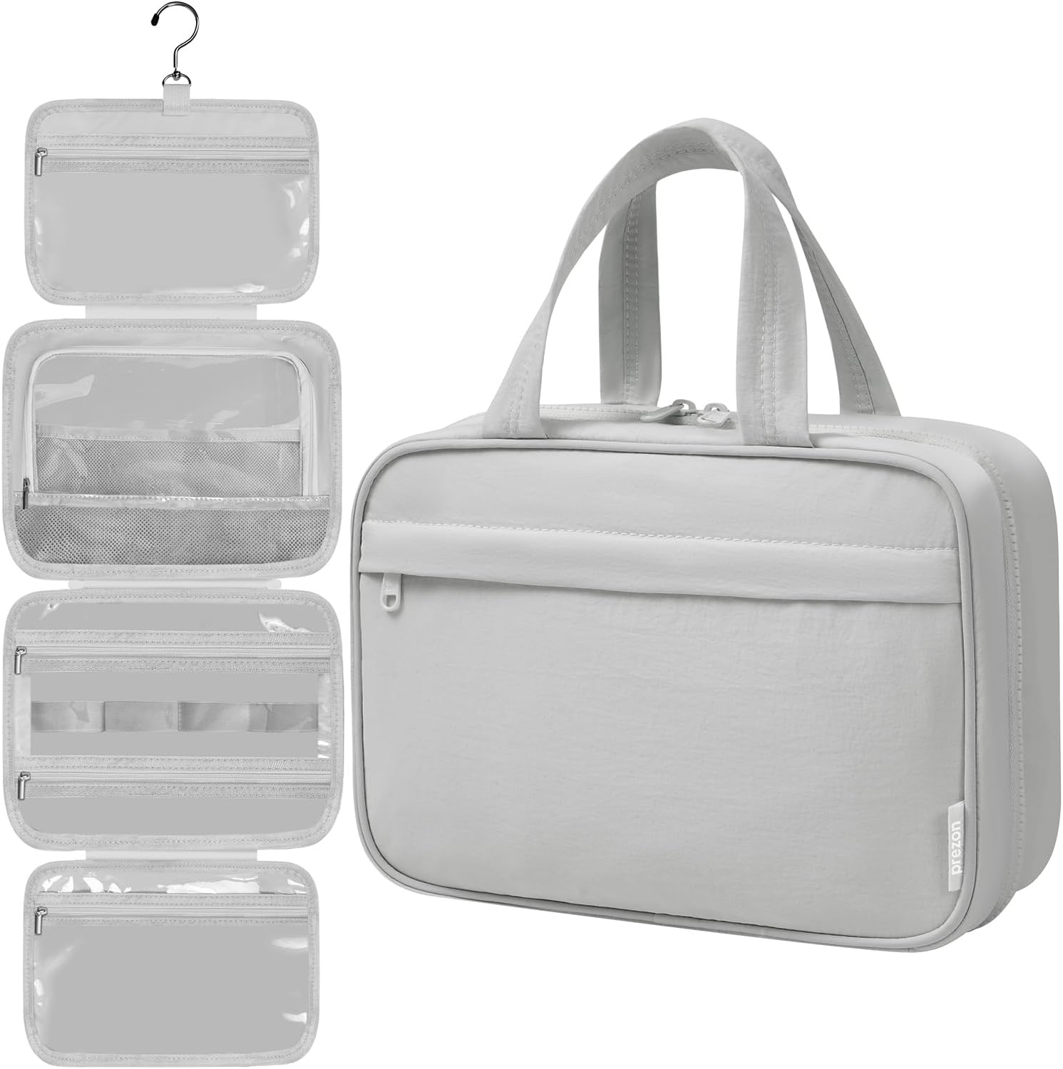 Toiletry Bag For women,Portable Hanging Organizer,4 Leakproof Compartment for full-sized Conditioner, Brushes Set, Makeup Accessories,Visible and easy to access.M-grey