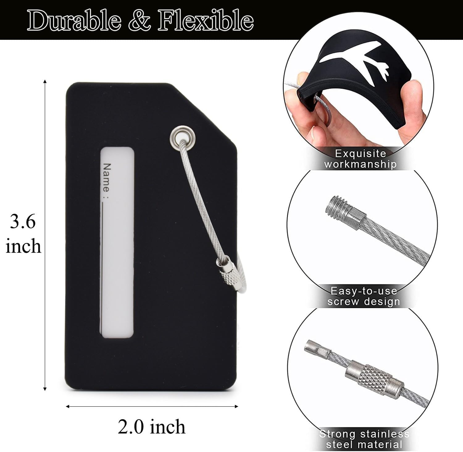 7 Pack Silicone Luggage Tag Baggage Handbag Travel Bag Tags with Name ID Card Perfect to Quickly Spot Luggage Suitcases (Black)