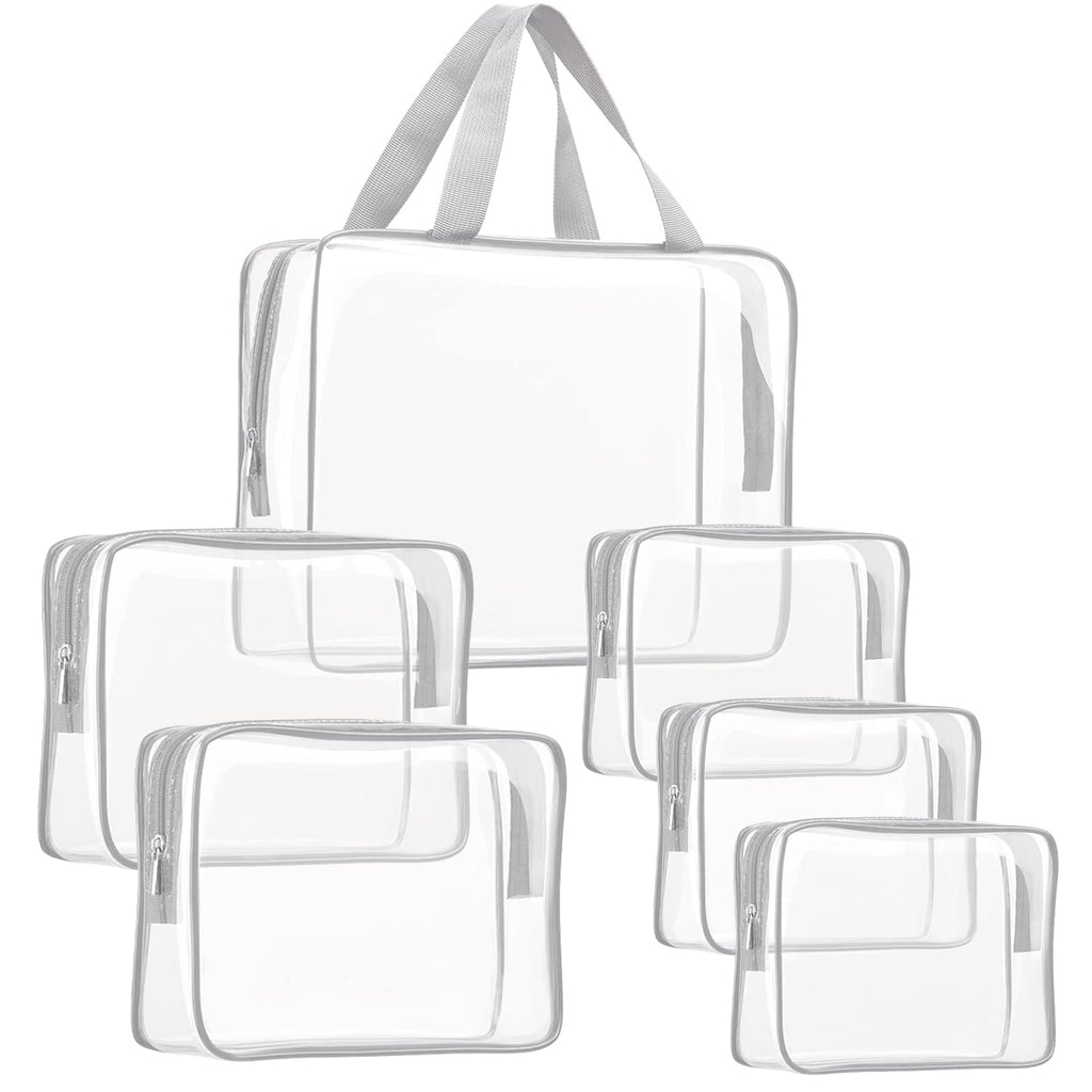 6Pcs Crystal Clear PVC Travel Toiletry Bag Kit for Women Men, Waterproof Vinyl Packing Organizer Storage Bags with Zipper Handle Straps, Cosmetic Pouch Carry on Airport Airline Compliant Bag Handbag