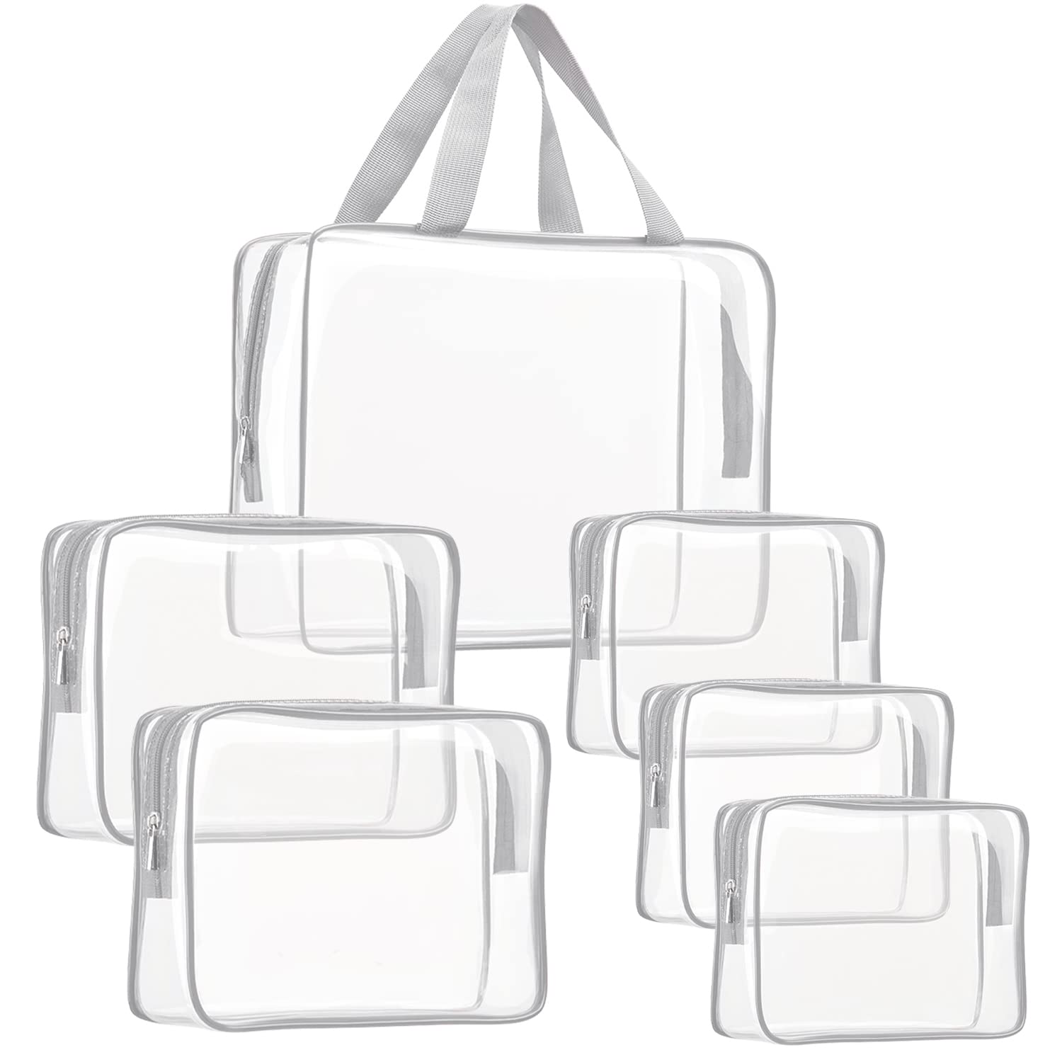 6Pcs Crystal Clear PVC Travel Toiletry Bag Kit for Women Men, Waterproof Vinyl Packing Organizer Storage Bags with Zipper Handle Straps, Cosmetic Pouch Carry on Airport Airline Compliant Bag Handbag
