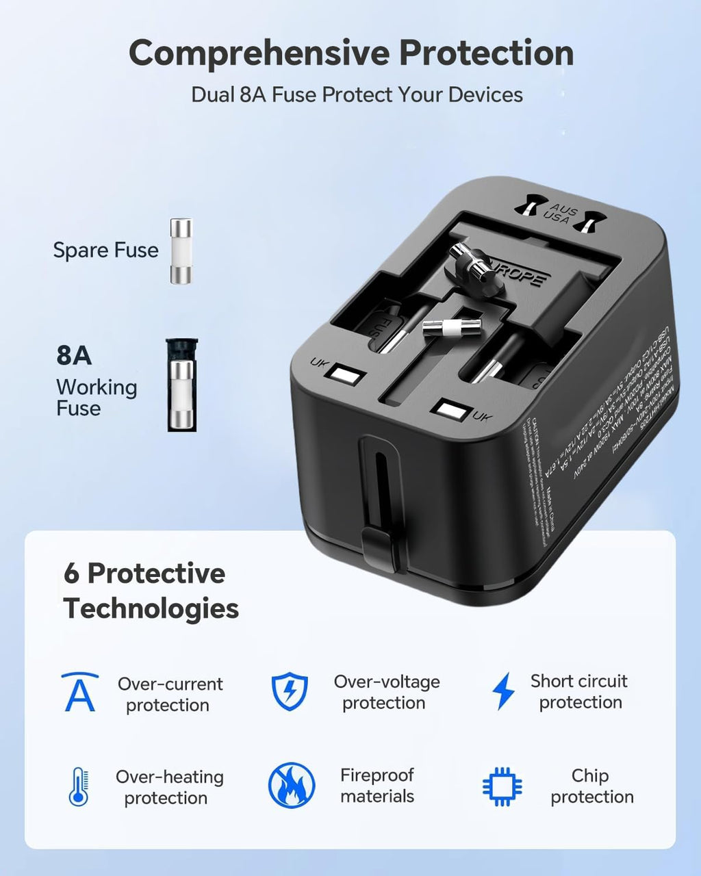 Universal Travel Adapter with 2 PD20W USB-C & 2 QC18W USB-A Ports, Fast Charging International Power Plug Adapter, All-in-One Worldwide Adaptor Converter Wall Charger for US EU UK AUS Asia