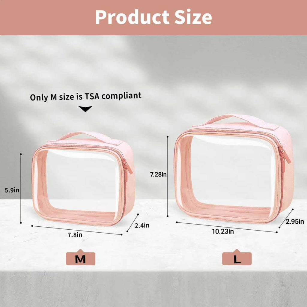 TSA Approved Travel Toiletry Bag,2 Pack Clear Makeup Bags with Handles,Quart Size Clear Cosmetic Bags for Traveling Women,Men,Carry on Airport Airline Compliant Bag,Pink