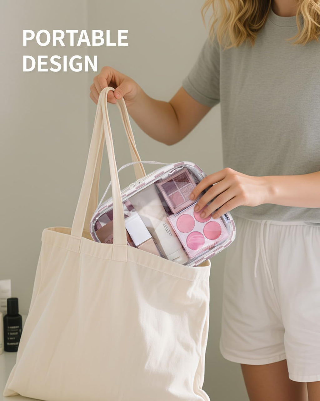 Narwey TSA Approved Clear Toiletry Bag for Travel, Waterproof PVC Clear Makeup Bags, Portable Compact Cosmetic Bag Make Up Organizer, Airport Airline Quart Size Compliant Bag (Dusty Pink Checkerboard)