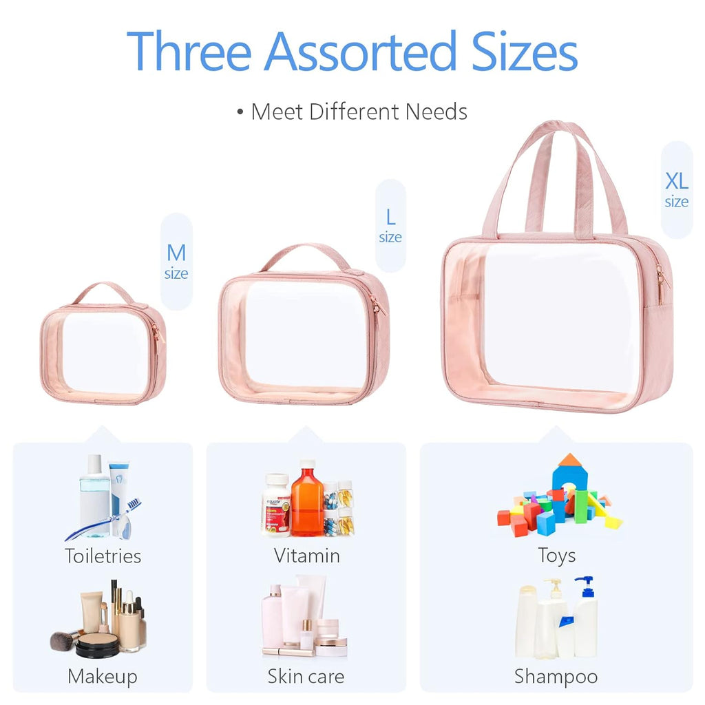 PACKISM Clear Toiletry Bags, 3 Pack Clear Makeup Bags with Handle Large Opening, Waterproof Cosmetic Bags Fit Carry-on Travel Essentials, Travel Bags, Pink